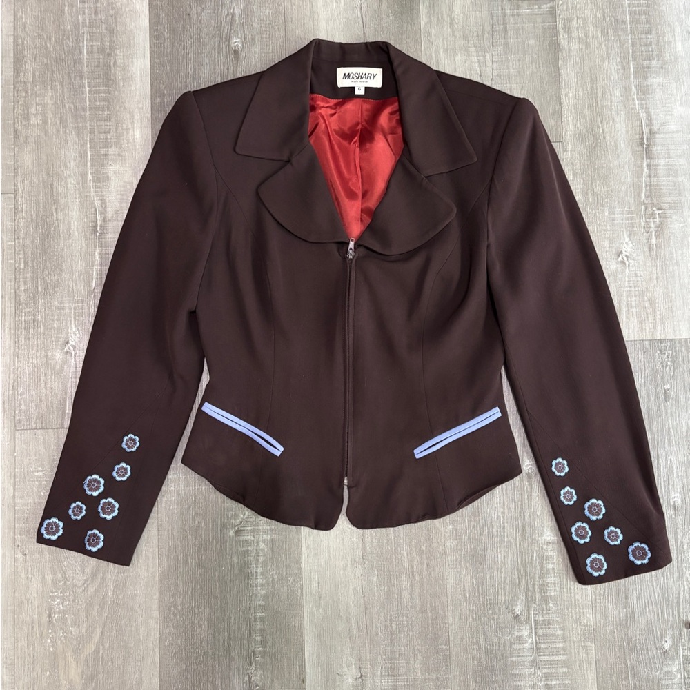 MOSHARY Brown Jacket with Shoulder Pads and Red Lining and Blue Trim